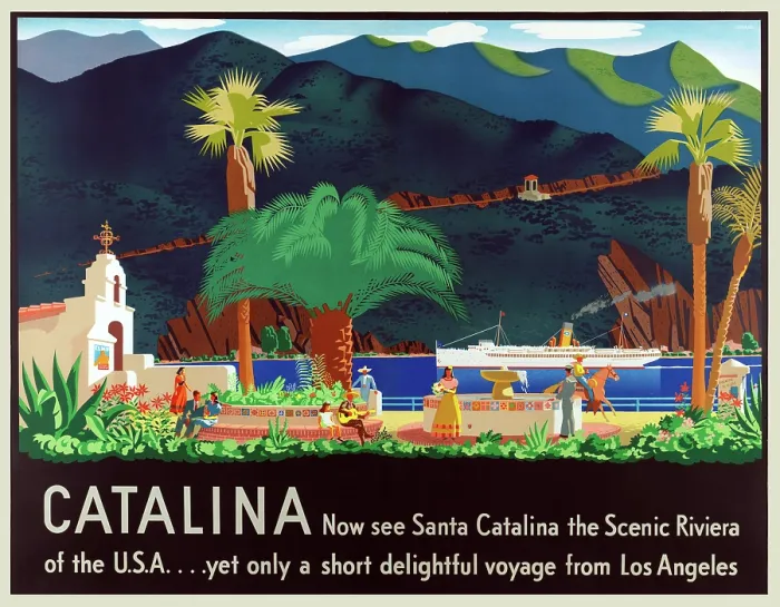 Framed Print : Catalina. Poster of Catalina with symbols of California in early California style Framed Print : Catalina. Poster of Catalina with symbols of California in early California style