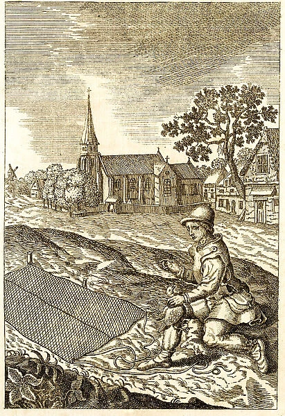 Catching birds with a nest antique engraving