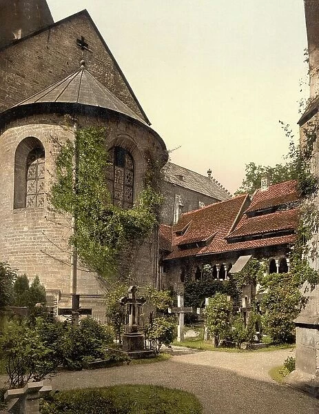 Cathedral and 1000-year-old rosebush in Hildesheim, Lower Saxony, Germany, Historic, digitally restored reproduction of a photochrome print from the 1890s