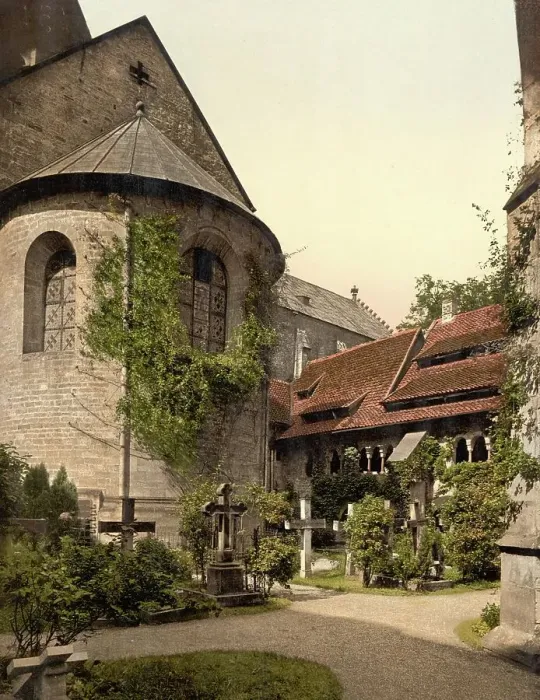 Framed Print : Cathedral and 1000-year-old rosebush in Hildesheim, Lower Saxony, Germany, Historic, digitally restored reproduction of a photochrome print from the 1890s Framed Print : Cathedral and 1000-year-old rosebush in Hildesheim, Lower Saxony, Germany, Historic, digitally restored reproduction of a photochrome print from the 1890s