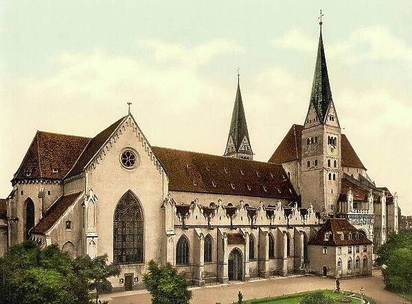 Cathedral of Augsburg, Bavaria, Germany, Historical, digitally restored reproduction of a photochrome print from the 1890s