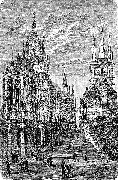 The cathedral in Erfurt, Thuringia, Germany, in 1870, Historic, digitally restored reproduction of an original 19th-century artwork