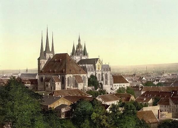 Cathedral and St. Mary's Church in Erfurt, Thuringia, Germany, Historic, digitally restored reproduction of a photochromic print from the 1890s