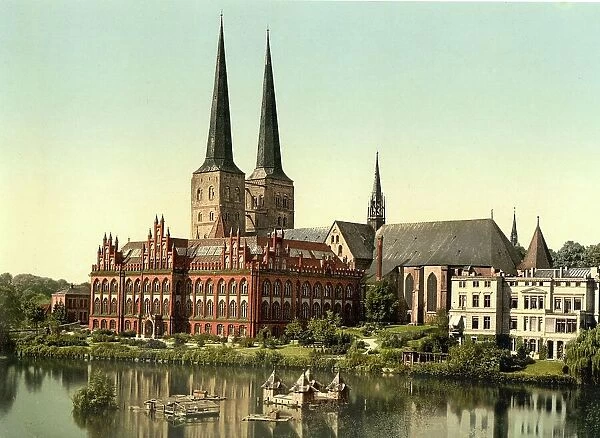 Cathedral St. Marys Church of Luebeck, Schleswig-Holstein, Germany, Historical, digitally restored reproduction of a photochromic print from the 1890s