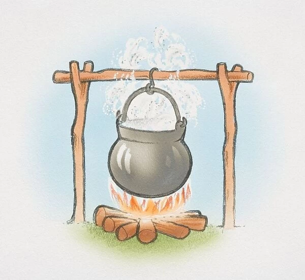 Cauldron boiling over open fire, front view