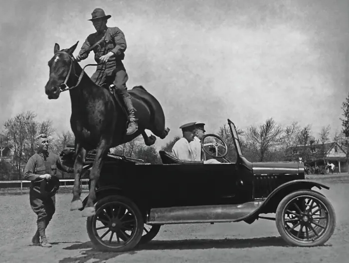 Framed Print : Cavalryman Jumps Car Framed Print : Cavalryman Jumps Car
