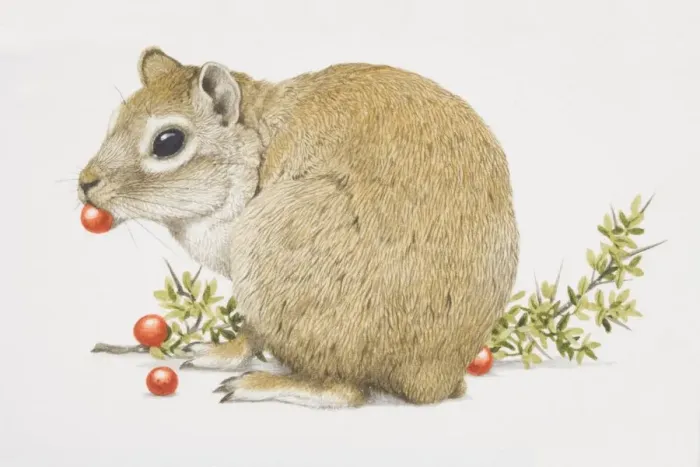 Framed Print : Cavia aperea, Cavy eating red fruit, side view Framed Print : Cavia aperea, Cavy eating red fruit, side view