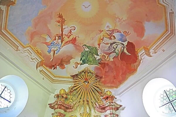 Ceiling fresco in the interior, Dickelschwaig Chapel, Chapel of St. Gertrudis from 1694, Graswang, district of Ettal, district of Garmisch-Partenkirchen, Upper Bavaria, Bavaria, Germany