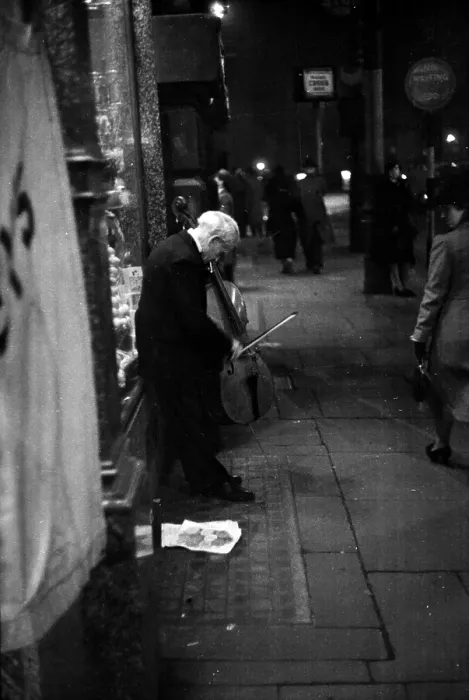 Framed Print : Cellist. 19th November 1938: A cello player in Manchester's Oxford Street Framed Print : Cellist. 19th November 1938: A cello player in Manchester's Oxford Street
