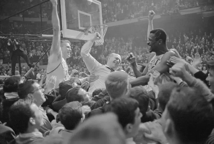 Framed Print : Celtics Coach and Players Being Carried by Jubilant Fans