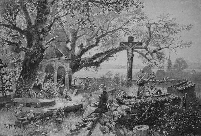 Framed Print : Cemetery at Lake Starnberg, Bavaria, Germany, the woman prays at the grave while the children are playing, 1880, Historic, digital reproduction of an original 19th century painting, original date unknown Framed Print : Cemetery at Lake Starnberg, Bavaria, Germany, the woman prays at the grave while the children are playing, 1880, Historic, digital reproduction of an original 19th century painting, original date unknown