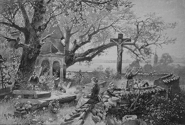 Cemetery at Lake Starnberg, Bavaria, Germany, the woman prays at the grave while the children are playing, 1880, Historic, digital reproduction of an original 19th century painting, original date unknown