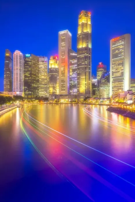 Framed Print : Central Business District view from Boat Quay with light trails in foreground, Singapore Framed Print : Central Business District view from Boat Quay with light trails in foreground, Singapore