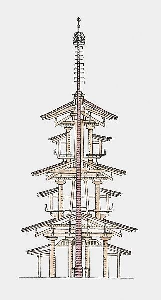central, column, cross section, ink and brush, no people, pagoda, protection, studio shot