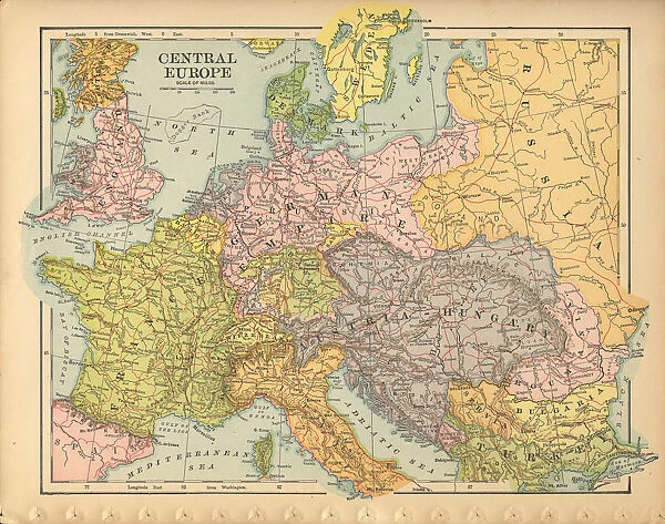 Central Europe Antique Victorian Engraved Colored Map, 1899