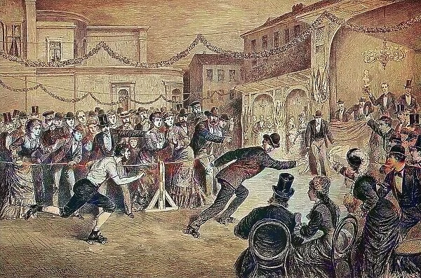 In the Central Skating Ring in Berlin, Germany, historical wood engraving, ca. 1880, digitally restored reproduction of an original 19th century original, exact original date unknown, coloured