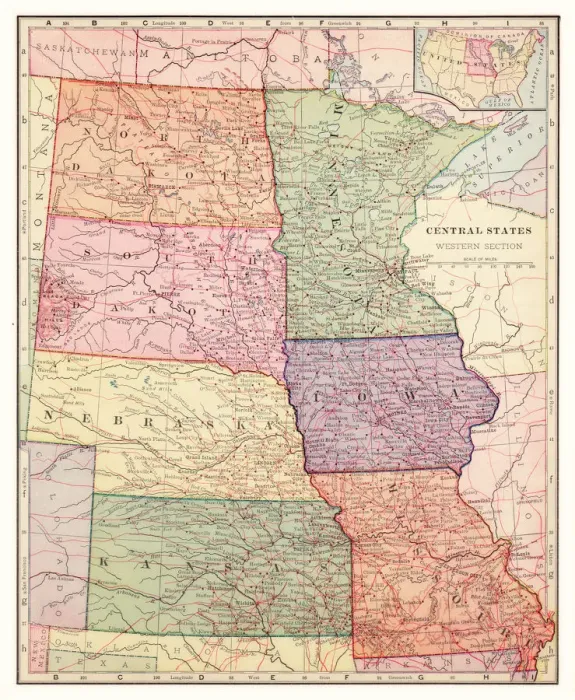 Framed Print : Central states USA map 1892