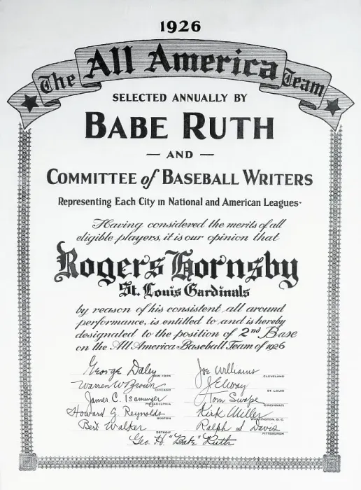 Framed Print : Certificate for Rogers Hornsby from Babe Ruth for All American Team Position Framed Print : Certificate for Rogers Hornsby from Babe Ruth for All American Team Position