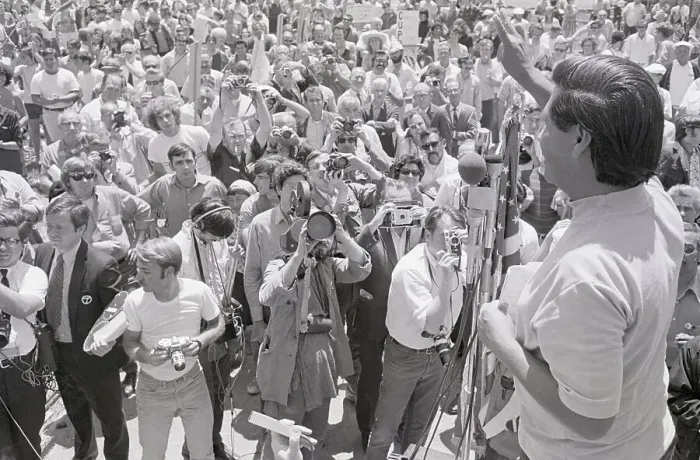 Framed Print : Cesar Chavez Gives Crowd Peace Sign