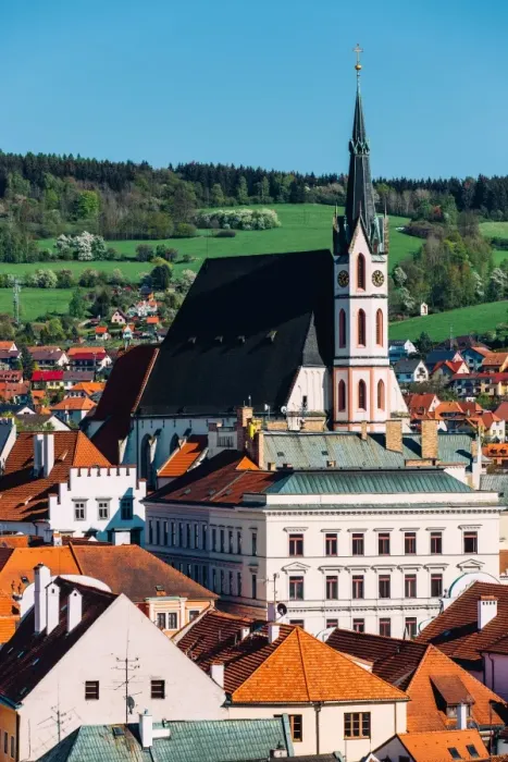 Framed Print : Cesky Krumlov cityscape with St. Vitus church on a sunny day, South Bohemia, Czech Republic