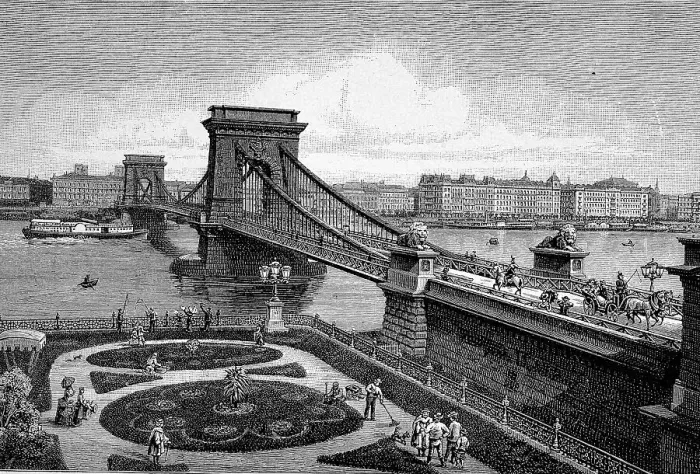 Framed Print : The Chain Bridge over the Danube, Budapest, Hungary, Historic, digitally improved reproduction of an original from the 19th century, digital reproduction of an original from the 19th century Framed Print : The Chain Bridge over the Danube, Budapest, Hungary, Historic, digitally improved reproduction of an original from the 19th century, digital reproduction of an original from the 19th century