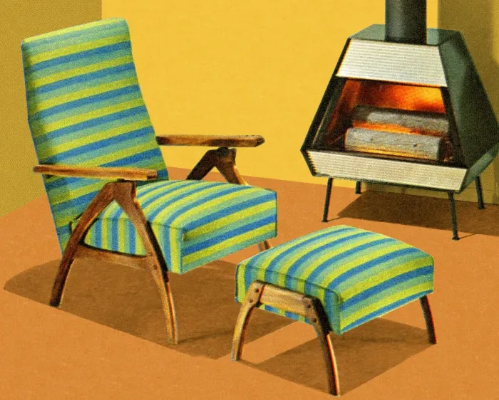Framed Print : Chair Ottoman and Fireplace