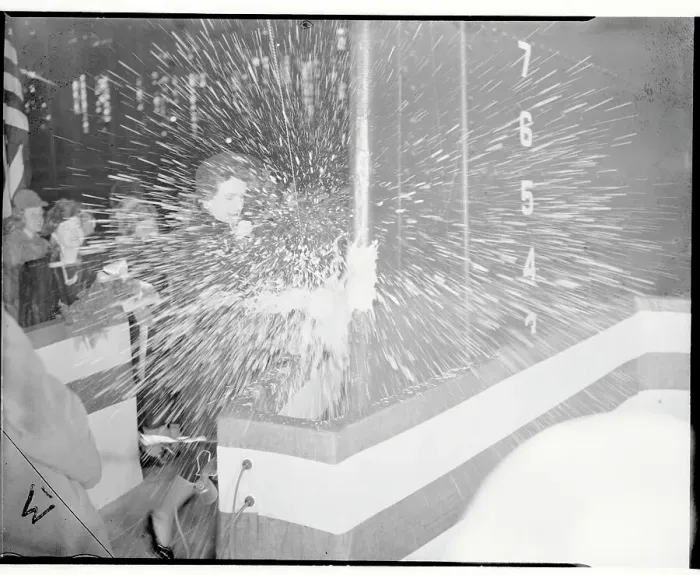 Framed Print : Champagne Spewing at the Christening of the Vulcan Framed Print : Champagne Spewing at the Christening of the Vulcan