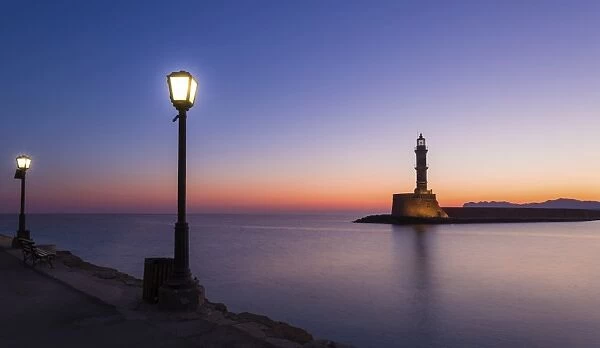 Chania lighthouse at sunrise, harbour, Chania, Crete, Greece