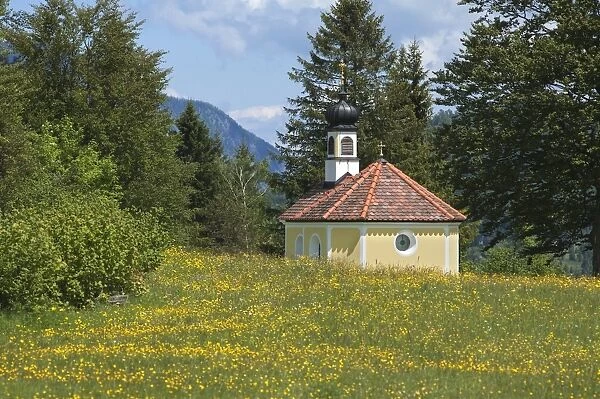 Chapel Maria Rast auf den Buckelwiesen, with a flowering spring meadow, Krun, Bavaria, Germany