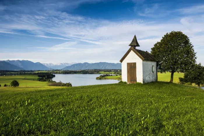 Framed Print : Chapel, Riegsee Lake near Aidling, Upper Bavaria, Bavaria, Germany Framed Print : Chapel, Riegsee Lake near Aidling, Upper Bavaria, Bavaria, Germany