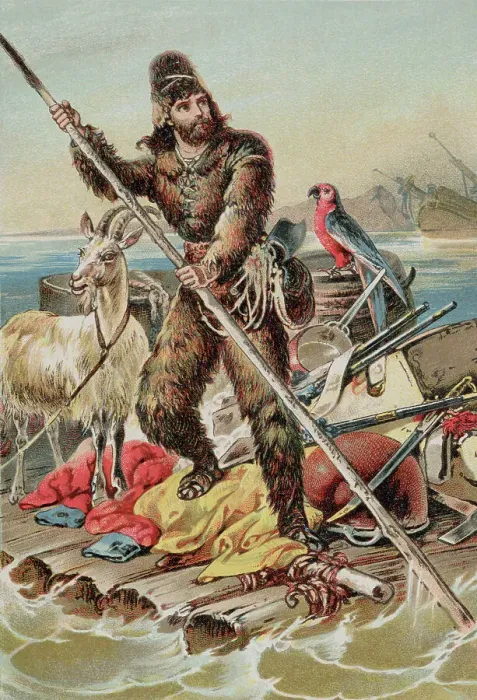 Framed Print : Character from Robinson Crusoe Riding on Raft Framed Print : Character from Robinson Crusoe Riding on Raft