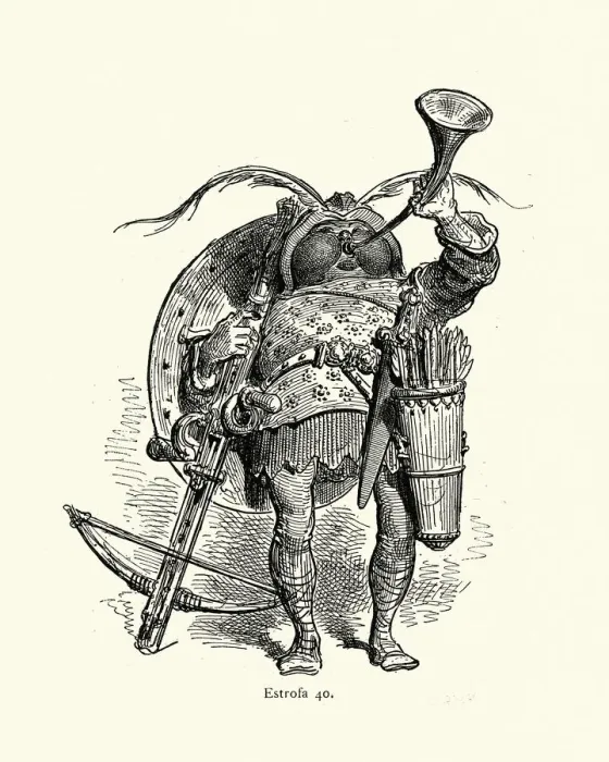 Framed Print : Character sketch of a medieval crossbow man blowing a horn Framed Print : Character sketch of a medieval crossbow man blowing a horn