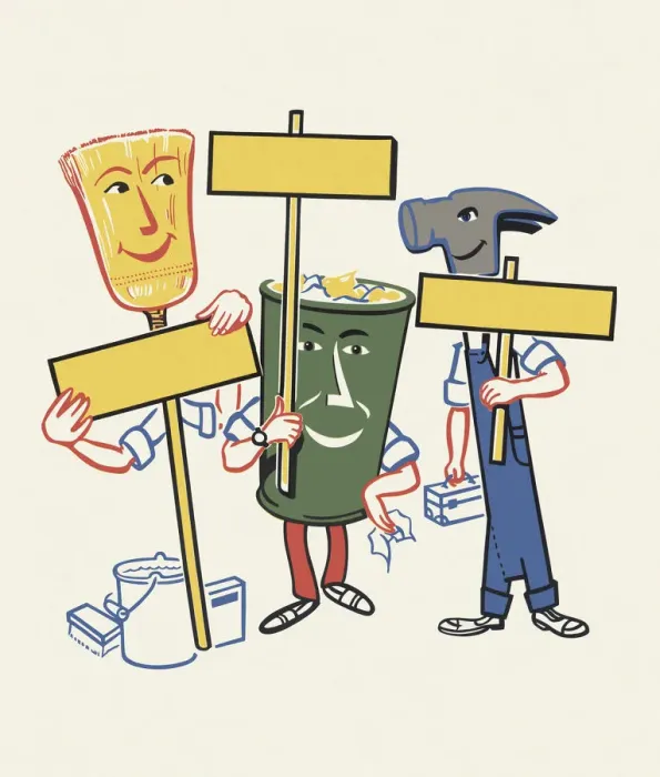 Framed Print : Character Workers with Signs Framed Print : Character Workers with Signs
