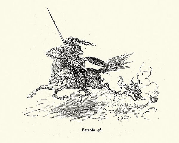 Charging knight knocking over cupid, Chivalric romance