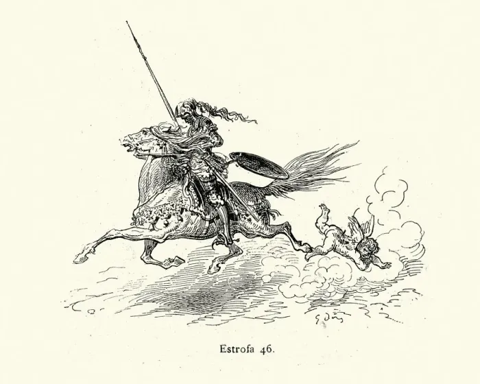Framed Print : Charging knight knocking over cupid, Chivalric romance Framed Print : Charging knight knocking over cupid, Chivalric romance