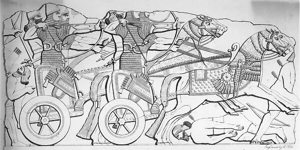 Chariot Warfare. Assyrian warriors fighting from chariots, circa 1300 BC
