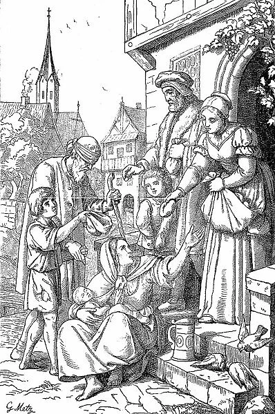 Charity, Woman distributing bread to the poor in front of the church, 1888, Germany, Historic, digital reproduction of an original 19th-century original