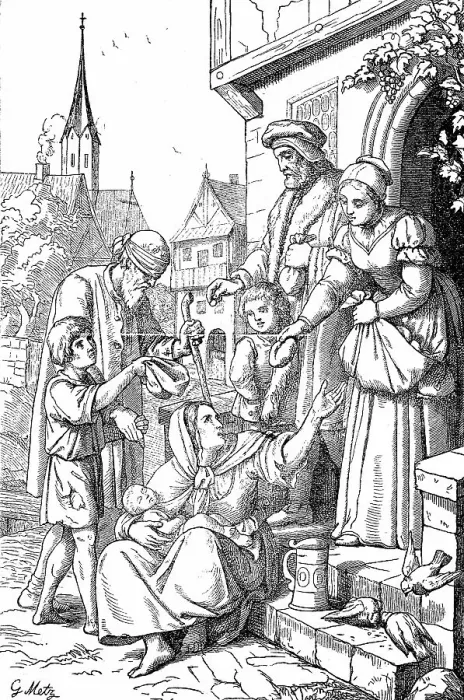 Framed Print : Charity, Woman distributing bread to the poor in front of the church, 1888, Germany, Historic, digital reproduction of an original 19th-century original Framed Print : Charity, Woman distributing bread to the poor in front of the church, 1888, Germany, Historic, digital reproduction of an original 19th-century original