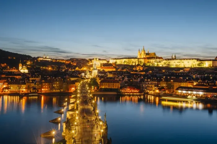 Framed Print : Charles Bridge and Prague illuminated skyline after the sunset, Prague, Czech Republic Framed Print : Charles Bridge and Prague illuminated skyline after the sunset, Prague, Czech Republic