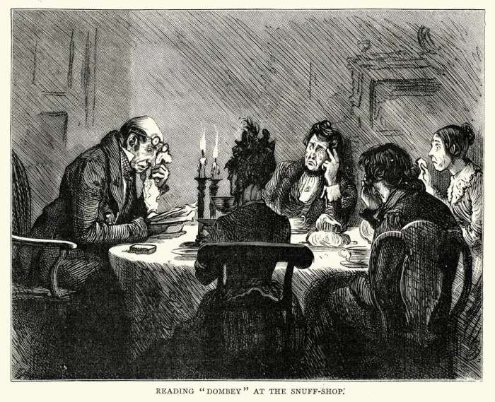 Framed Print : Charles Dickens - Reading Dombey at the snuff shop Framed Print : Charles Dickens - Reading Dombey at the snuff shop