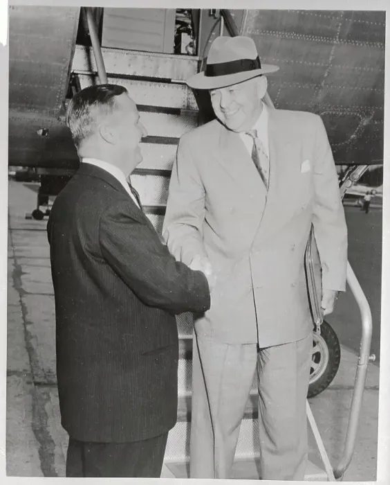 Framed Print : Charles E. Wilson Being Greeted by Aviation President at Airplane Framed Print : Charles E. Wilson Being Greeted by Aviation President at Airplane