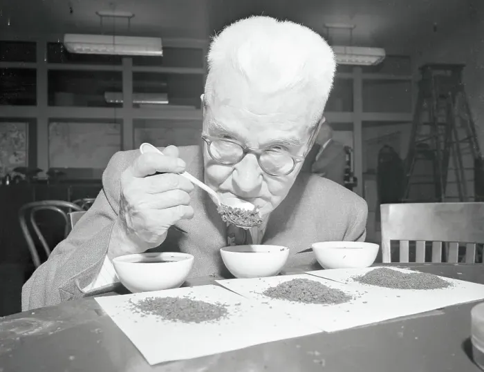 Framed Print : Charles F. Hutchinson Sniffing Tea from Spoon Framed Print : Charles F. Hutchinson Sniffing Tea from Spoon