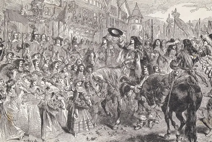 Framed Print : Charles II on Horseback Being Greeted by Citizens Framed Print : Charles II on Horseback Being Greeted by Citizens