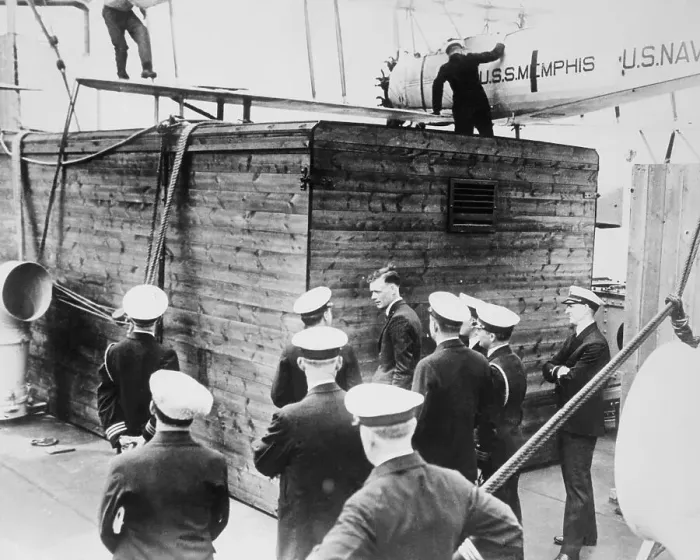 Framed Print : Charles Lindbergh Aboard Warship with Crate Framed Print : Charles Lindbergh Aboard Warship with Crate