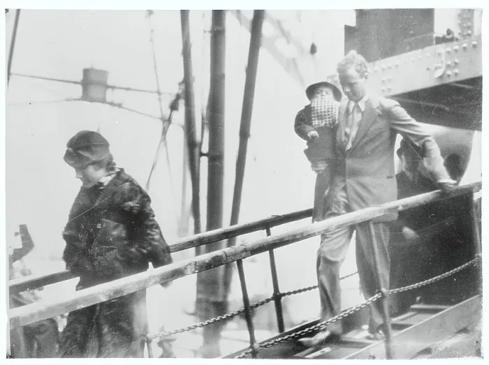 Framed Print : Charles Lindbergh and Family Disembarking from Ship Framed Print : Charles Lindbergh and Family Disembarking from Ship