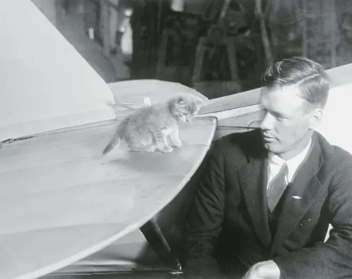 Framed Print : Charles Lindbergh with Kitten Mascot Framed Print : Charles Lindbergh with Kitten Mascot