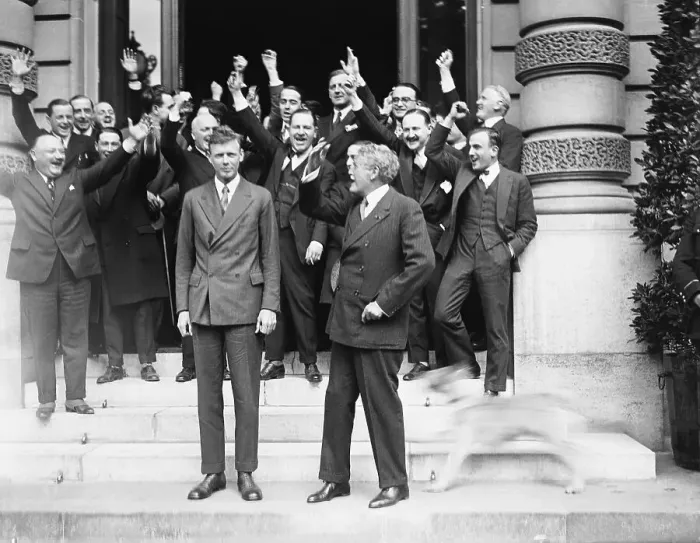 Framed Print : Charles Lindbergh and Myron T. Herrick in Front of Cheering Crowd Framed Print : Charles Lindbergh and Myron T. Herrick in Front of Cheering Crowd