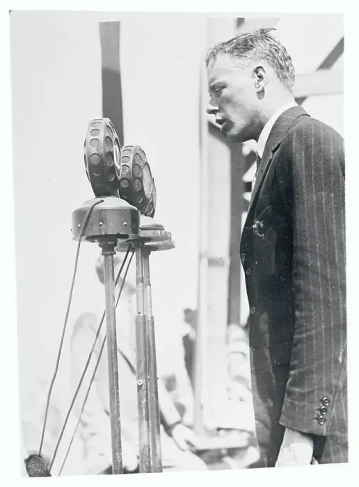 Framed Print : Charles Lindbergh Speaking Throught Microphone Framed Print : Charles Lindbergh Speaking Throught Microphone