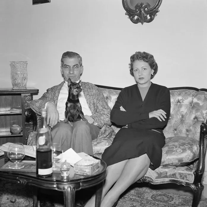 Framed Print : Charles Luciano at Home with Wife and Dog