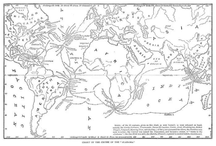 Framed Print : Chart of the cruise of the CSS Alabama